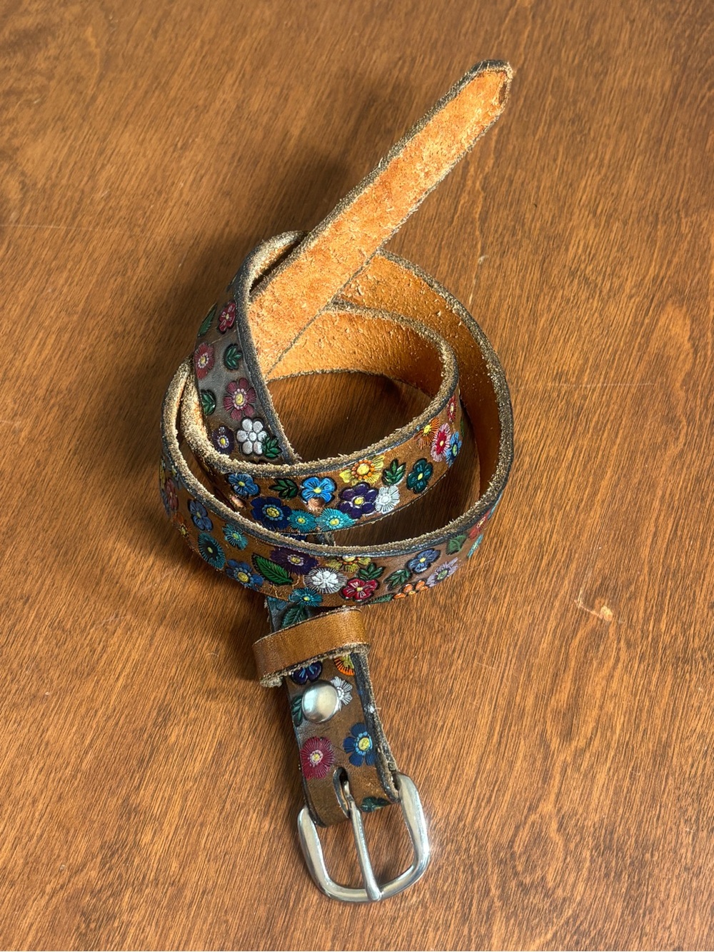 Vintage Handcrafted Floral Leather Belt Artisan Signed S. King